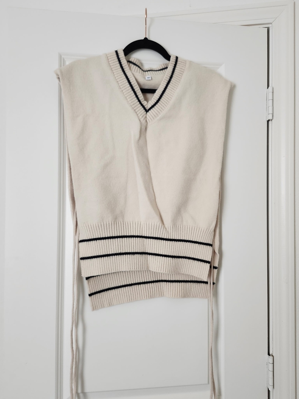 Cream V-Neck Knit Sweater Vest with Black Trim